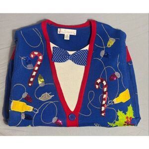 Jolly Sweaters Christmas Sweater Tie Holiday Party Beer Blue L Ugly Sweater